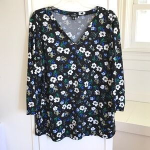 JONES NEW YORK Floral V-Neck Blouse PulloverTop Black Blue Women’s Size X-Large